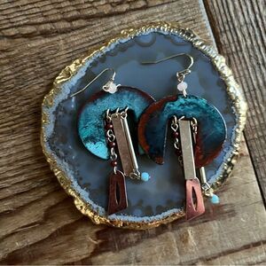 Amazing Geometric Dangle Earrings - Colored Metal, Pearls and Pendant